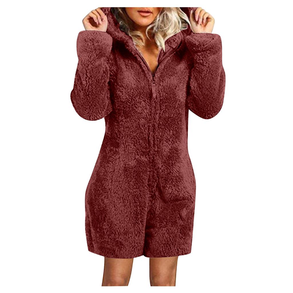 Women Long Sleeve Hooded Jumpsuit Pajamas Casual Winter Warm Rompe Sleepwear