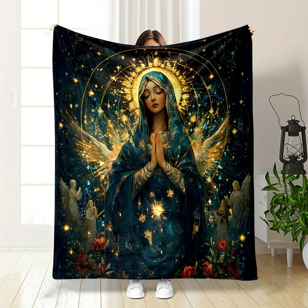 "Praying Woman with Halo and Angelic Design"Flannel blanket for bedroom, living room, sofa, and nap