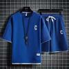2024 Summer New Fashion Solid Color Short Sleeve T-shirt Suit Men's Casual Comfort Large Size High-Quality Sports Two-Piece Set