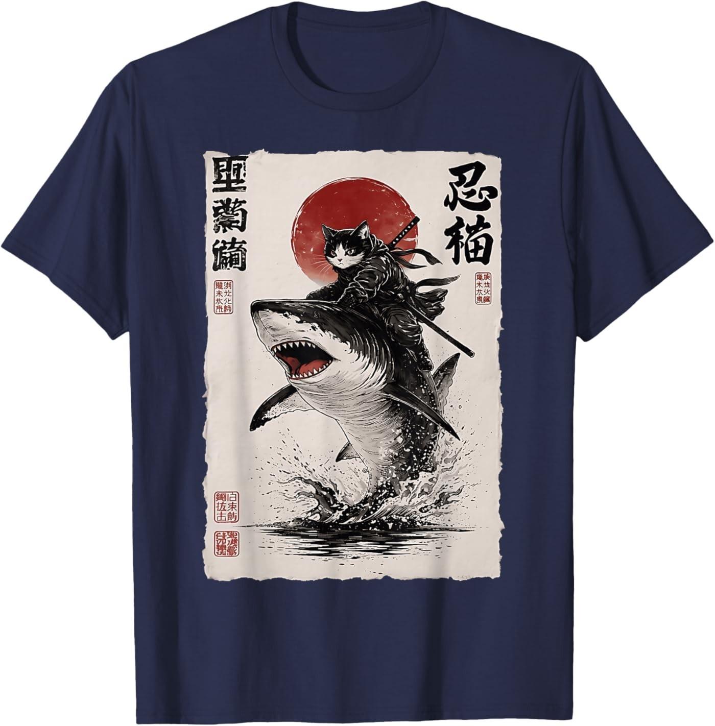Ukiyo-e Ninja Cat Riding Shark Vintage Japanese Art Anime T-Shirt S разноцветный