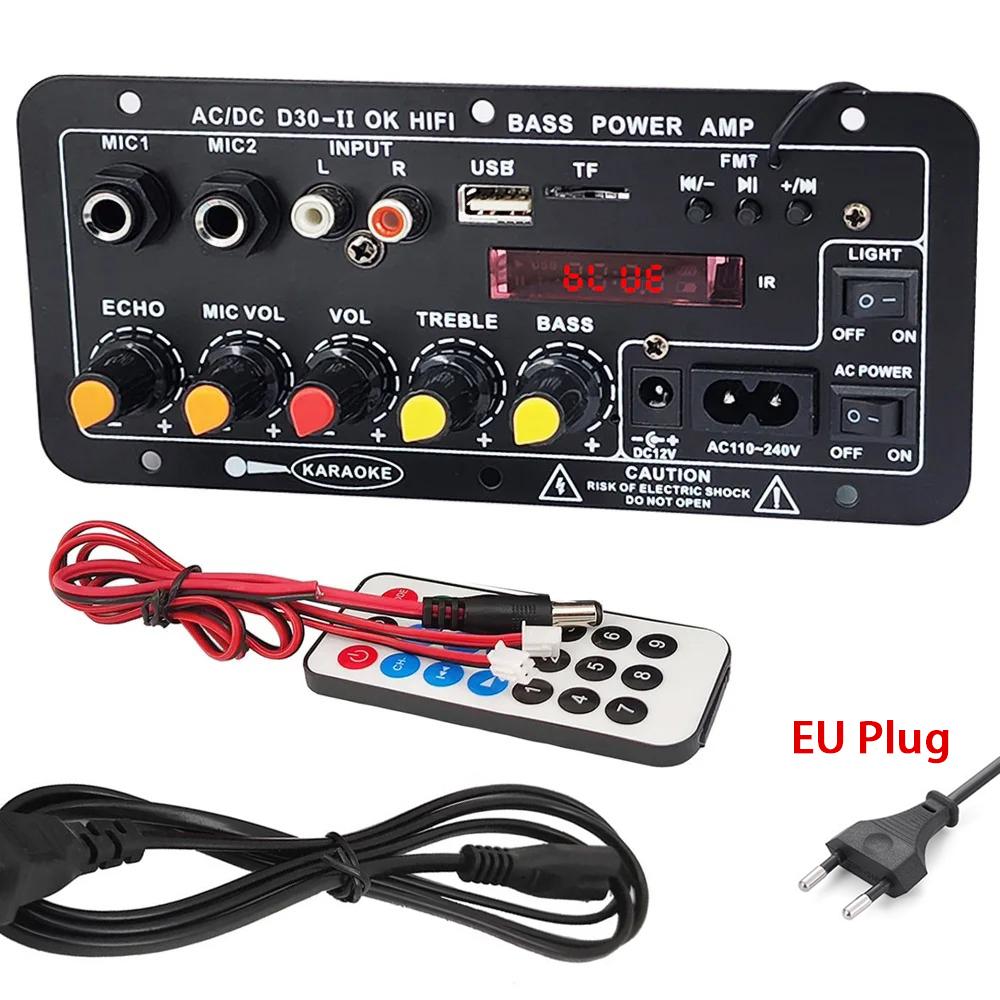 Bluetooth 5.0 Digital Amplifier Board With Reverb USB/TF/FM Dual MIC Input 220V/12V/24V Support For 10'' Speakers