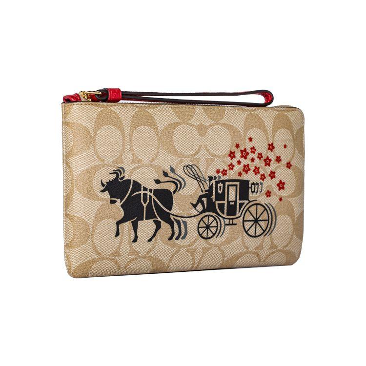 Coach Corner Zip Carriage Pattern Coated Canvas And Leather Wallet Women wallet Beige Brown C2259-IMOT4
