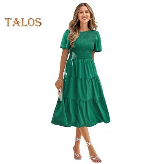 Damen Kurzarm-Smocked-Midikleid, Sommer-Rundhalsausschnitt, plissiertes langes Kleid, lässiges, gestuftes, fließendes A-Linien-Kleid