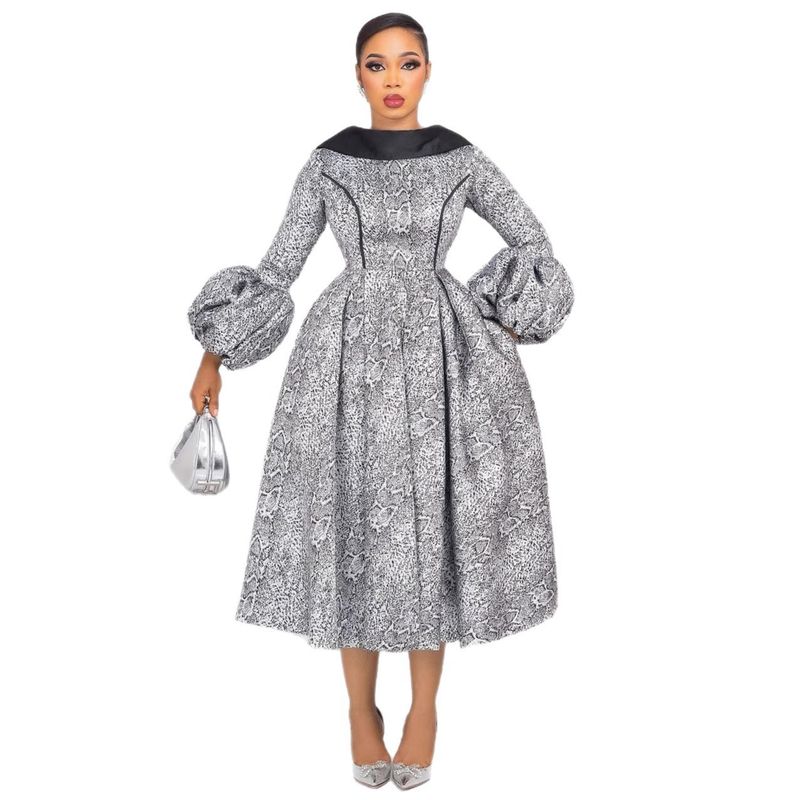 

K3727 European and American Elegant Waist Hugging Backless Lapel Lantern Sleeve Large Skirt Puffy Dress White S