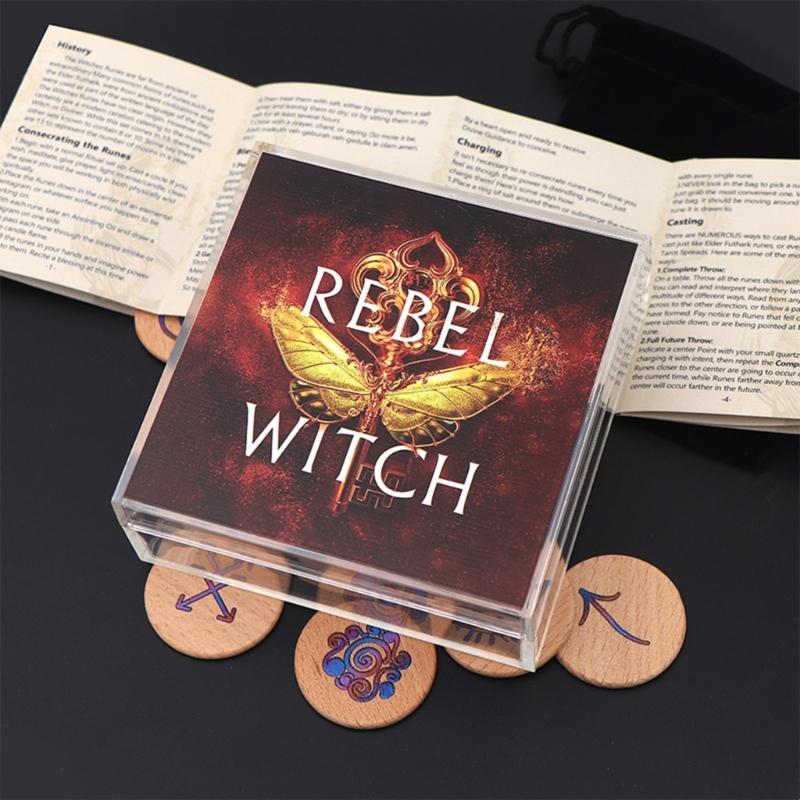 Hand Carved Wooden Runes Symbols Set Divination Runes Stone with Instruction and Storage Bag Heal Gift Decoration