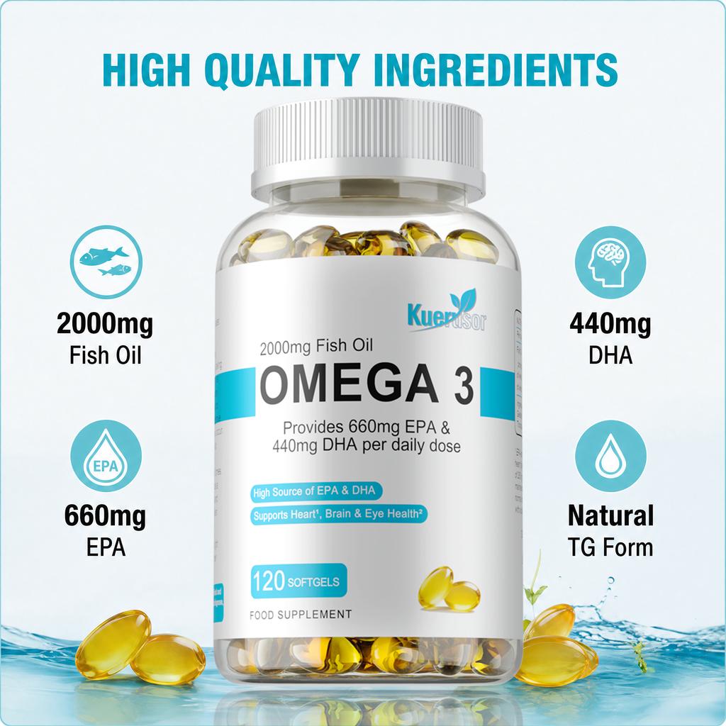 Omega 3 Fish Oil Softgels 120 Count 2000mg — Heart Health Support, Brain Function, Eye Health