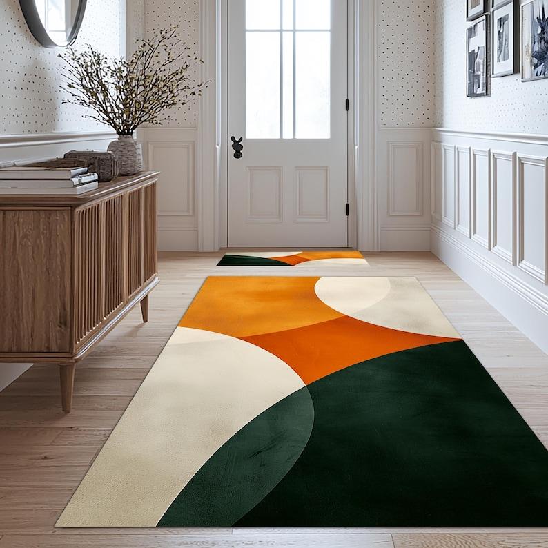 Shades Green Orange Modern , Boho Dorm Decor, Modern Art, Contemporary, Living Room Decor, Orange Details Rug