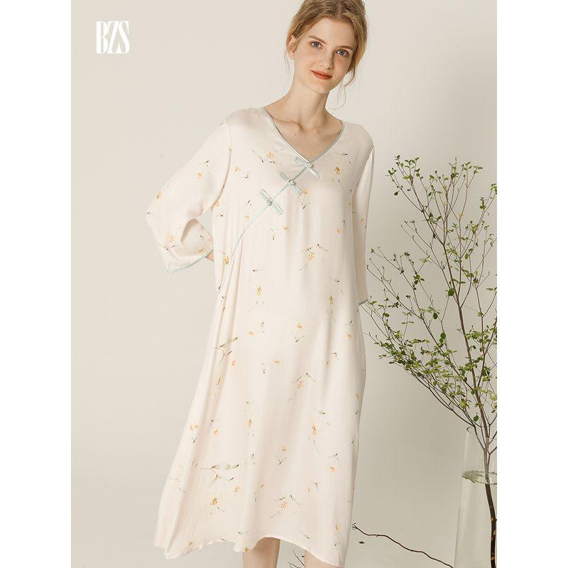 2024 Summer Cotton Silk Mid-Sleeved Night Skirt Women's Summer Cotton Satin Retro National Style Artificial Cotton Elegant Buckle Night Dress
