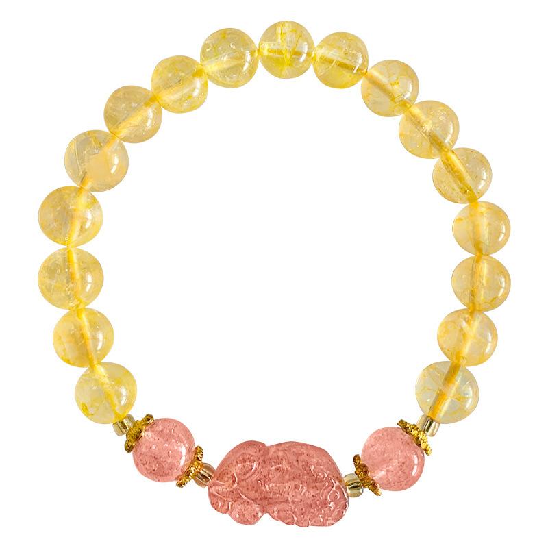 Natural Yellow Crystal Bracelet for Women, Strawberry Crystal Pixiu Charm, Lucky Golden Crystal Pixiu Bracelet for Students
