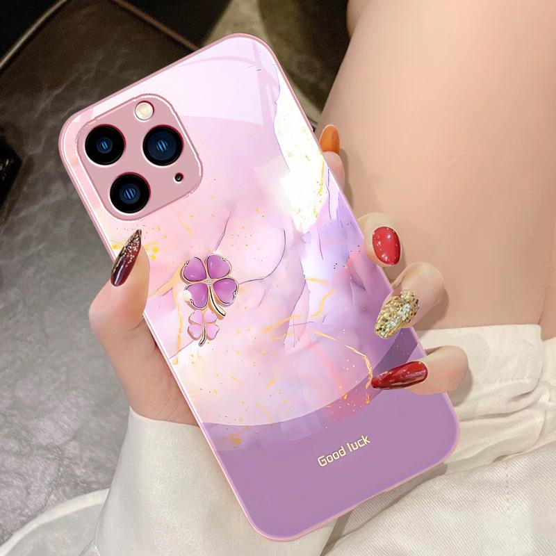 Four Leaf Clover Gradient For IPhone 16 Pro Max 15 Pro 14 13 12 Mini 11 XS Max XR 7 8 Plu SE 2022 Tempered Glass Phone Case
