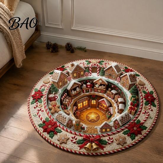Kerstfeest Woondecoratie Rond Kerst 3D Vloerkleed, Optische Illusie Vloerkleed Kerstman Kabouter Gewatteerd-achtig Creatief Cadeau voor Antislip Wasbare Vloer