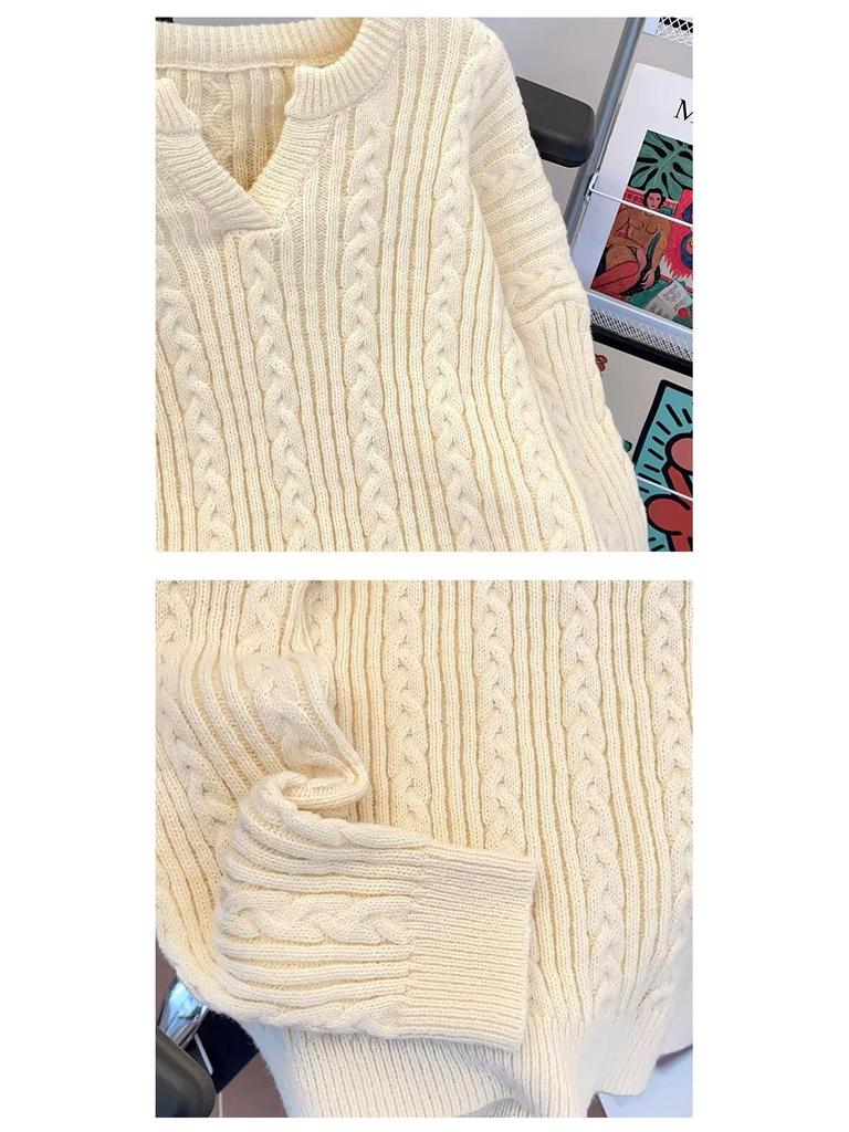 2025 Men's Thick V-Neck Cable Knit Loose Casual Sweater for Autumn