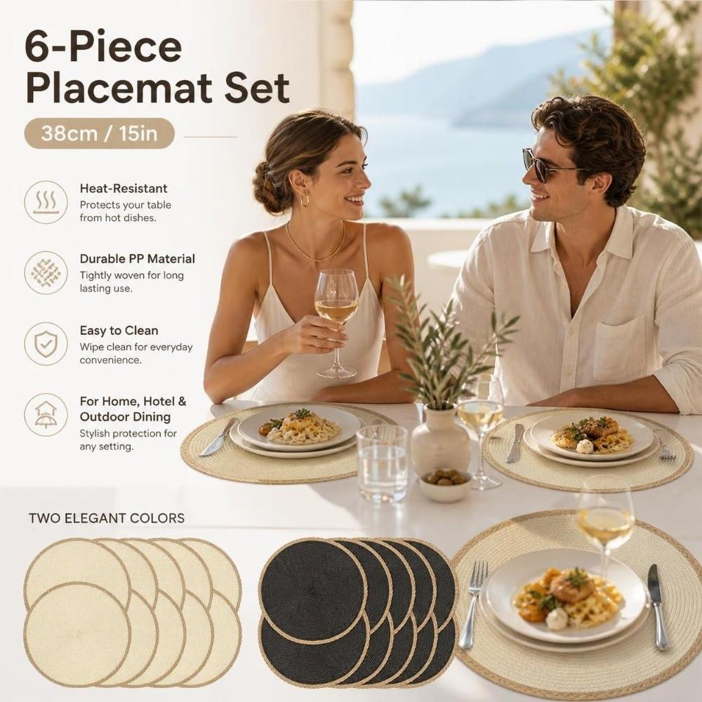 6pcs/set 15in Round Woven Placemats Non Slip Woven Dish Mats Boho Braided Table Mats  Dining Table
