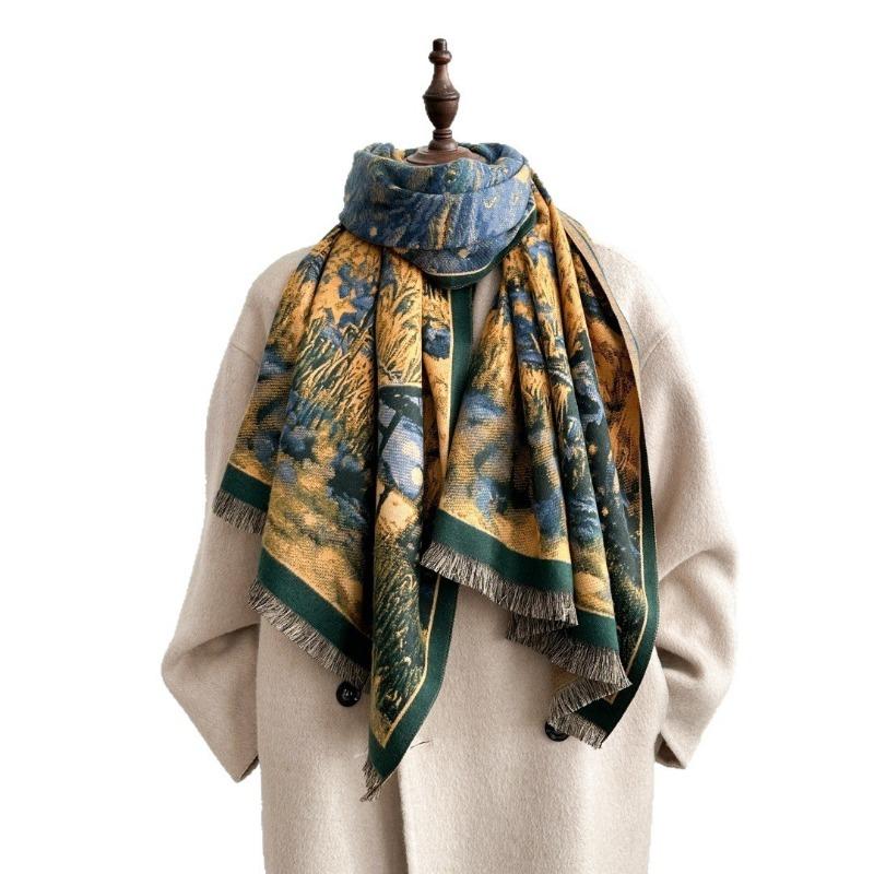 Winter retro cashmere scarf female designer Monet oil painting style scarf warm and cold new shawl