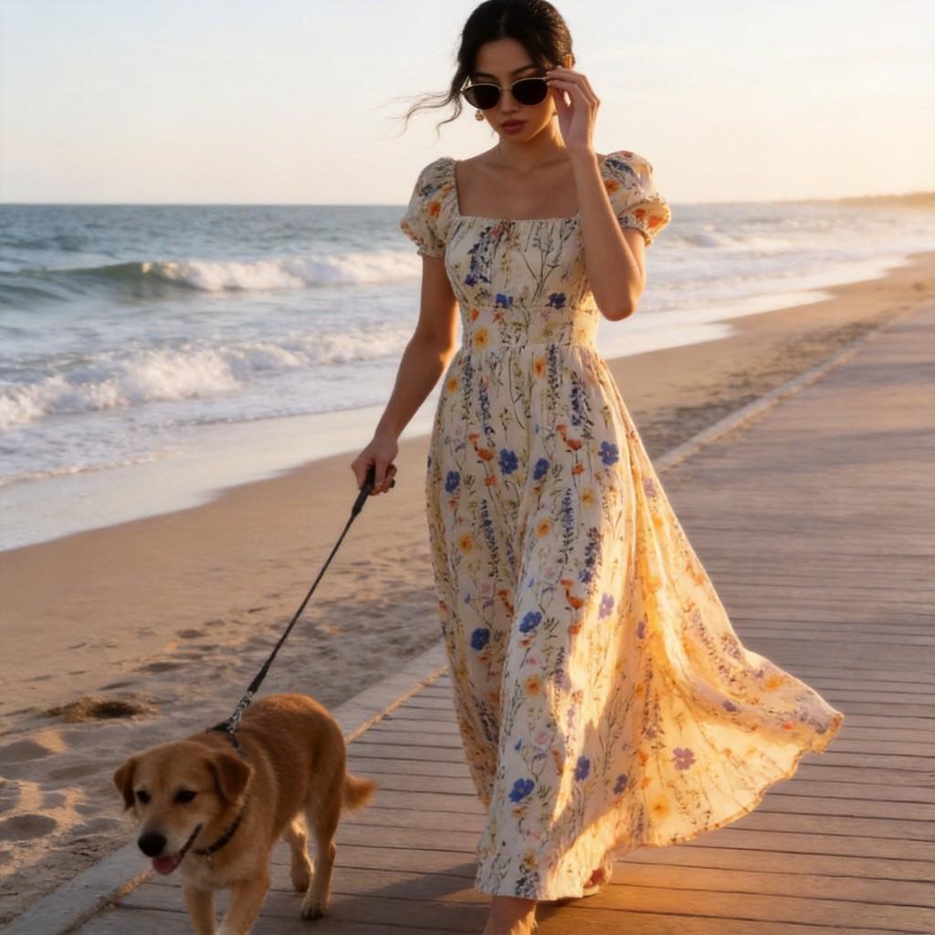 French Bubble Sleeve Printed Dress With Polyester Fabric For Summer Casual Wear