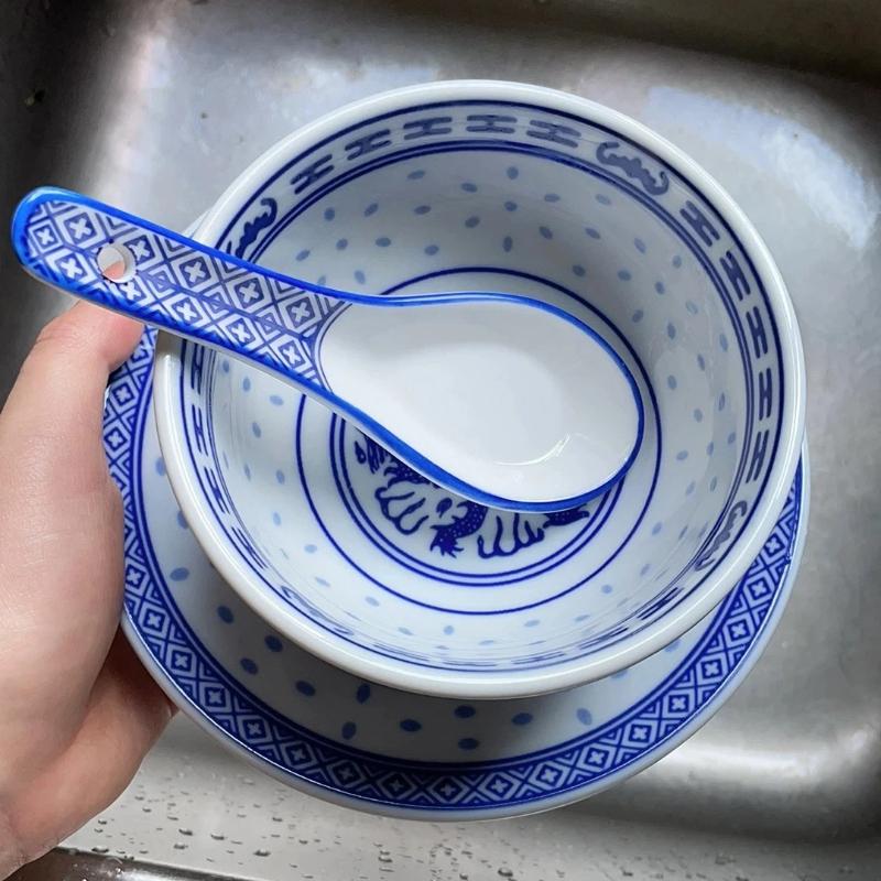Conjunto Tigela Dragão Porcelana Azul e Branca – Tigelas Cerâmicas para Sopa de Arroz e Macarrão Prato Sob Esmalte