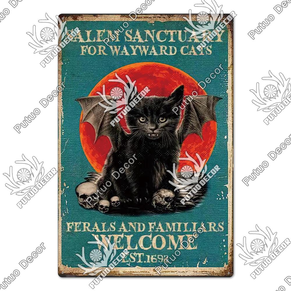 Putuo Decor Halloween Schwarze Katze Vintage Metallschild Plakette Metall Vintage Blechschild für Wohnzimmer Tür Tierhandlung Wanddekoration