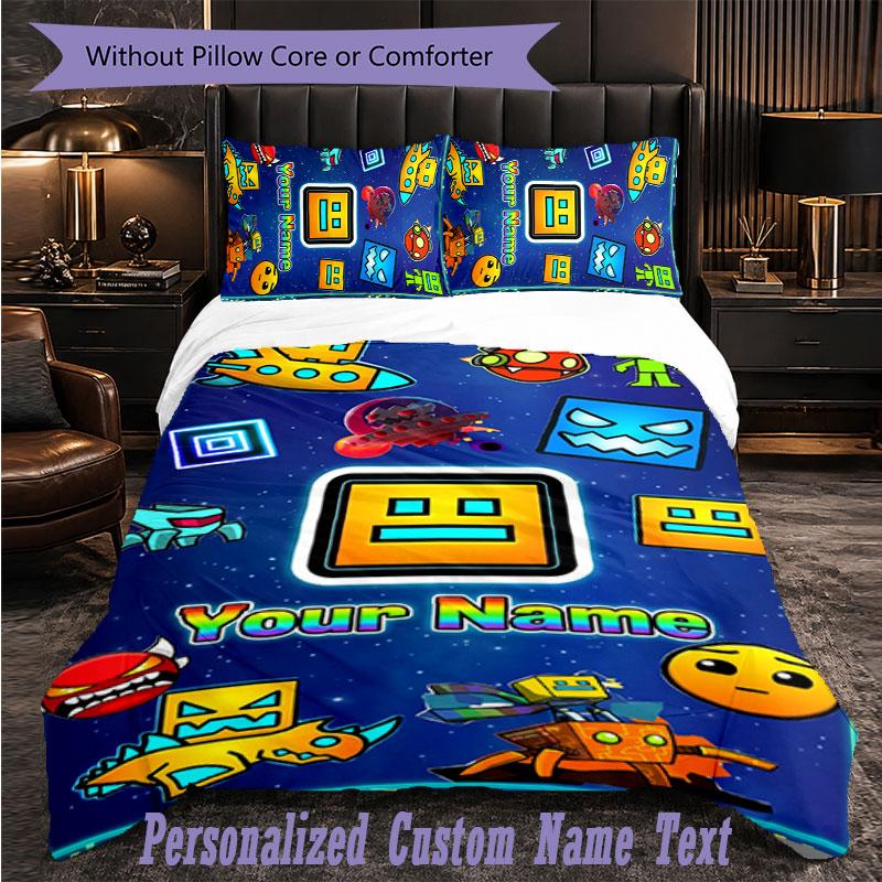 Personalized 3Pcs Bedding SetGeometry Dash Custom Text Duvet Cover Pillowcase Set Bedroom Gift