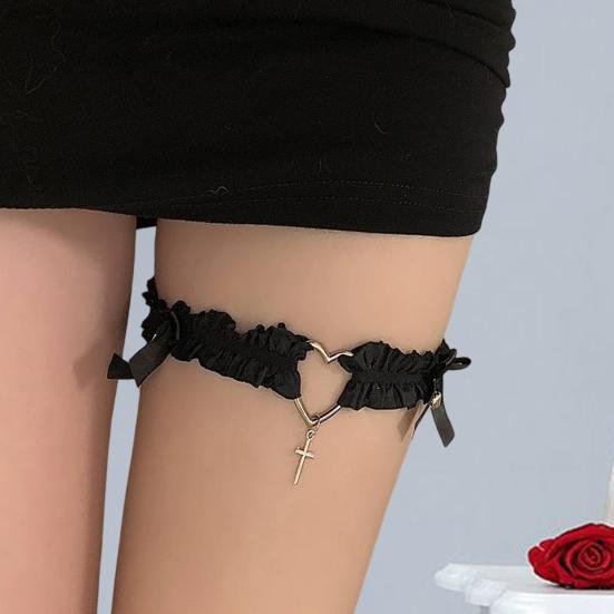 1 pz. Cinghia per anello da gamba con cuore e croce, decorazione con fiocco, elastico antiscivolo, cintura in pizzo gotico, giarrettiera per gamba, Lolita Cosplay, bondage