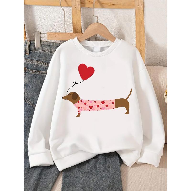 Kids Sweatshirt This Cute And Stylish Sweatshirt for Girls Features a Cartoon Heart And Puppy Print, Perfect for Casual Everyday Wear