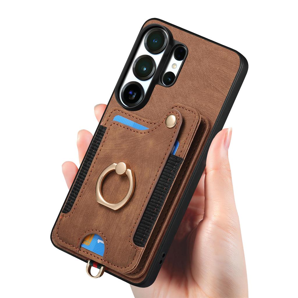 Ring Holder Cards Solt Leather Wallet Case For Samsung S25 Ultra S24 Plus S23 A16 A17 A07 Magnetic Kickstand Pocket Strap Cover