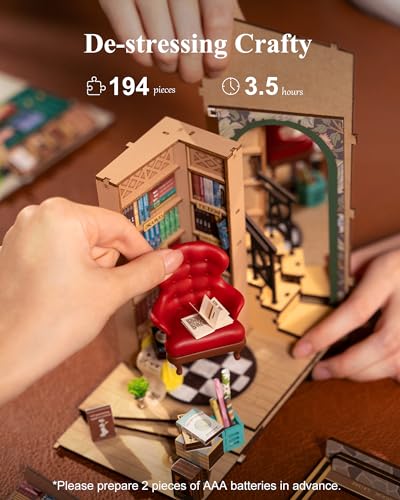 ROBOTIME Buchnische Bausatz DIY 3D Puzzle Bastelset Holz Handgemachtes Set Miniatur Puppenhaus Bausatz Buchständer Montage Bücherregal Dekoration LED Schalterlicht Mi