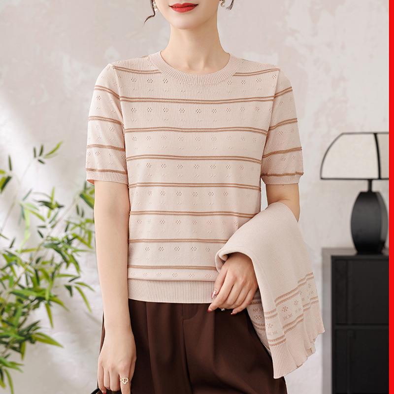 Mom's Spring Knit Stripe Two-Piece Set: New 2026 Style, Middle-Aged Women's Summer Short Sleeve, One Top Three Ways