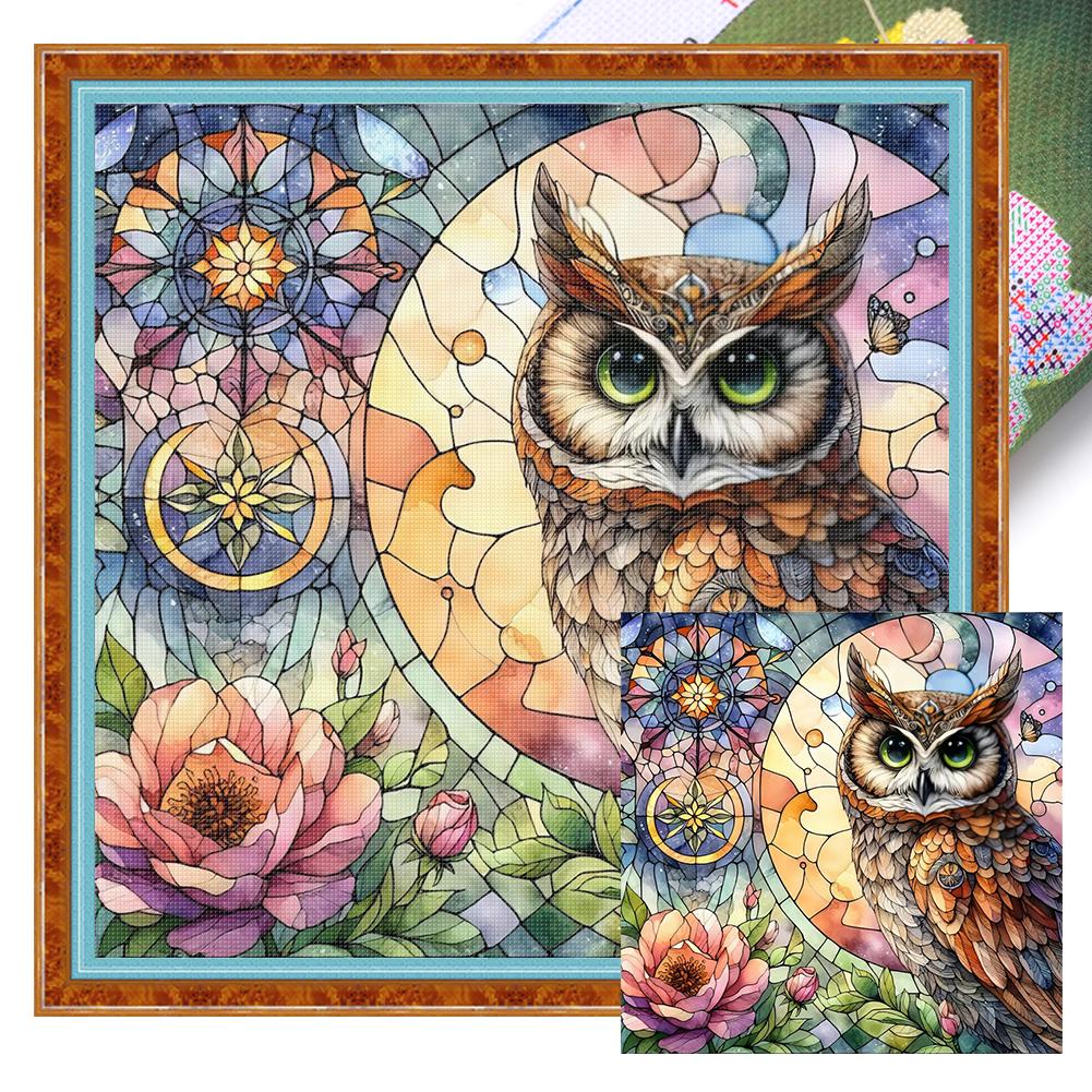 Full Embroidery Eco-Cotton Thread 11CT Print Stain Glass Owl Cross Stitch