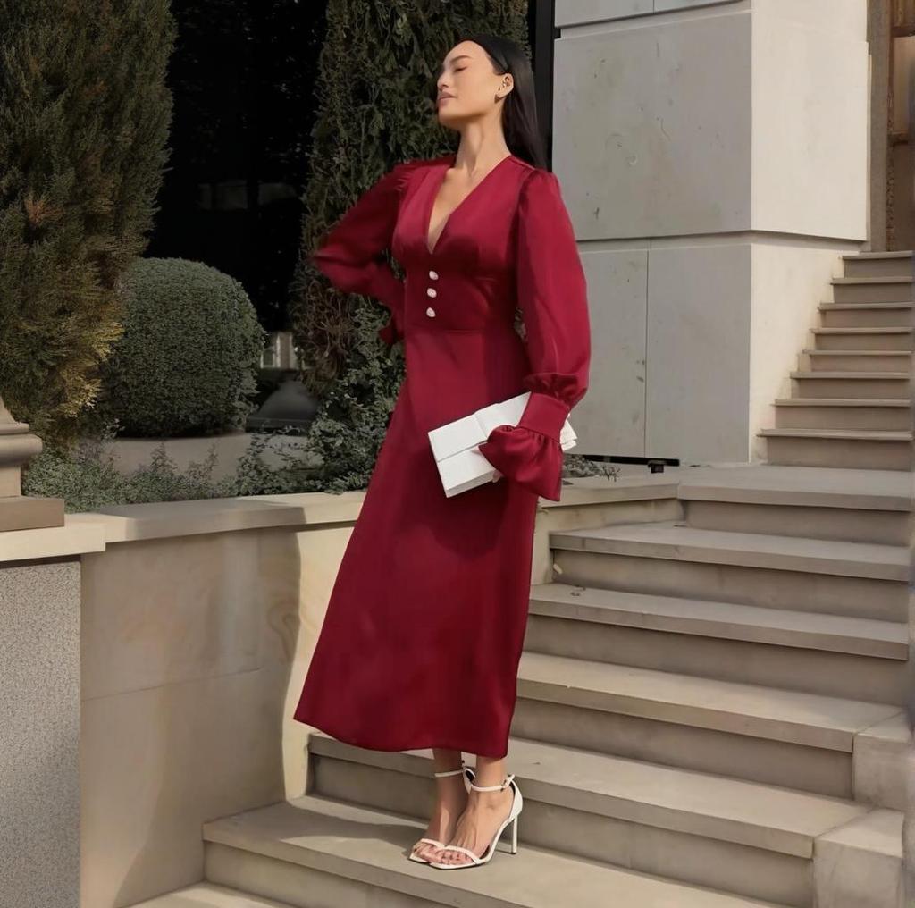 2025 Summer European & American Square Neck Sexy Deep V Slimming Long Sleeve Evening Dress