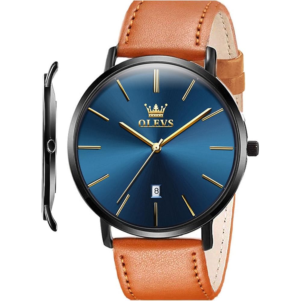 OLEVS Men s Minimalist Slim Fashion Analog Quartz Watch with Date Waterproof Large Dial Retro Leather Band