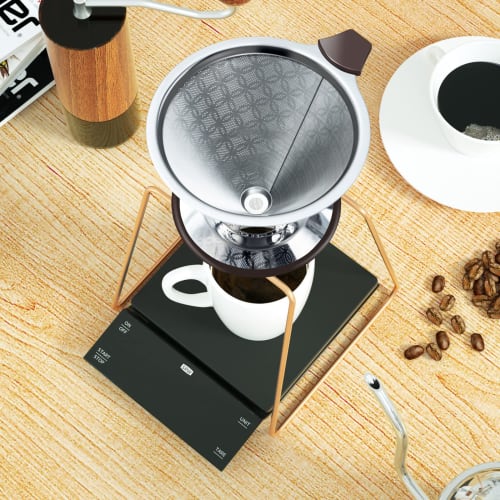 SRIWATANA Coffee Dripper, Stainless Steel Filter, Dual-Layer Mesh, Integrated, with Cleaning Brush, 4-Cup Capacity