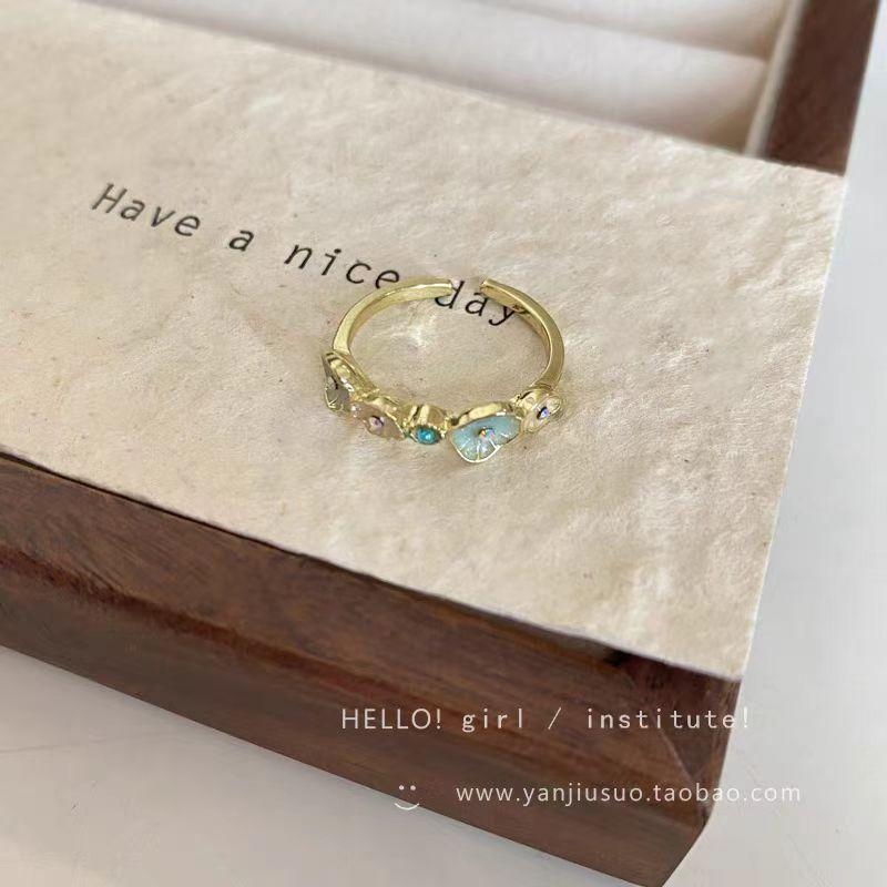 Super White Fritillary Enamel Blue Ring Women'S Niche Design Adjustable Index Finger Open Ring Light Luxury High-End Ring