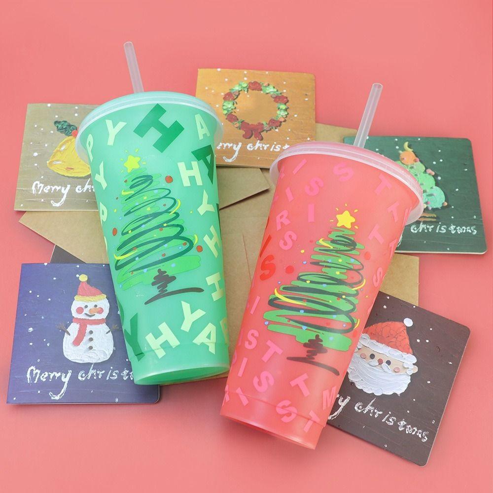 24oz Capacity Color Changing Cup With Straws With Lids Iced Coffee Cup Reusable Plastic Material Cold Drink Cup Christmas Party