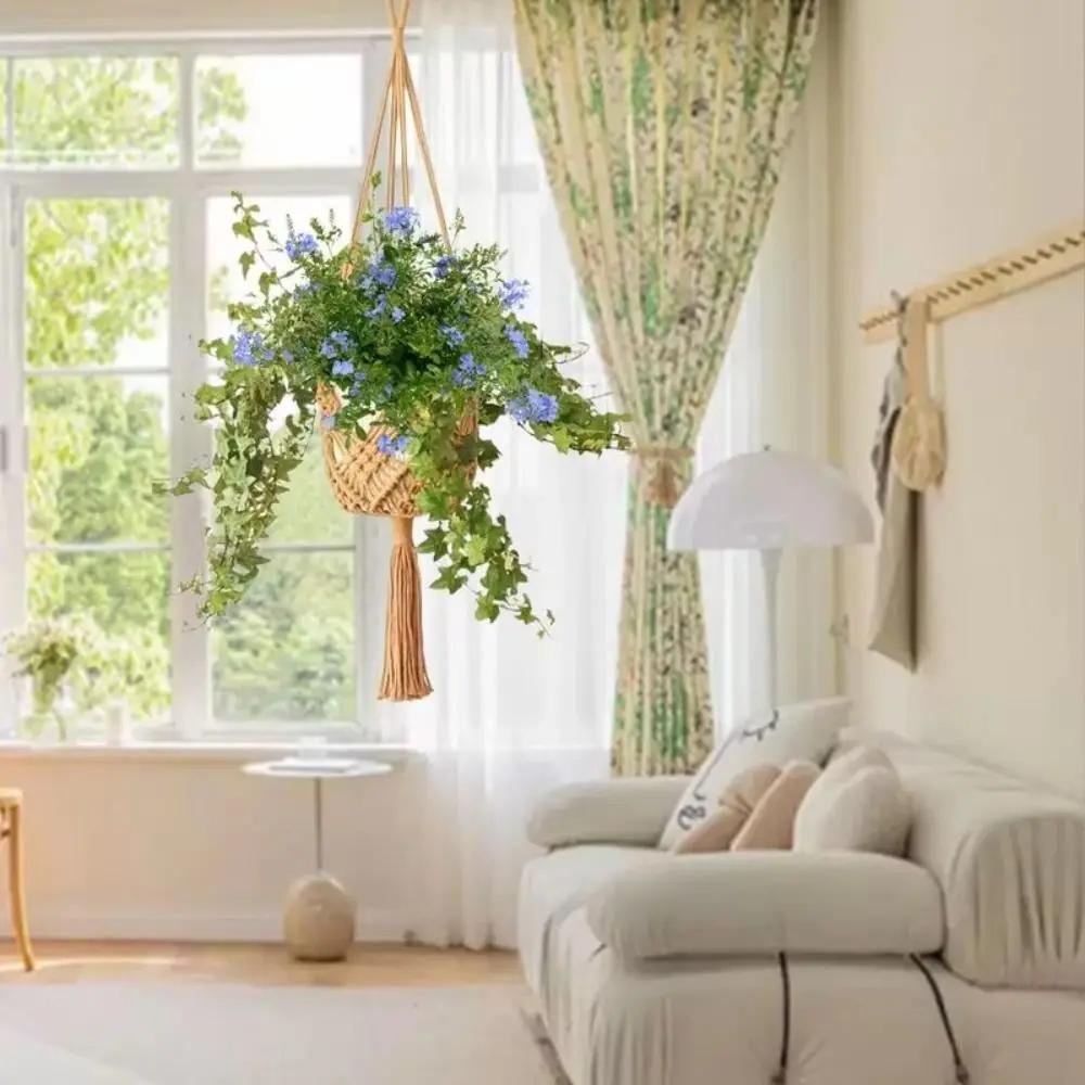 Boho Plant Hanger with Net Pouch Cotton Rope Woven Hanging Basket Macrame Flower Pot for Indoor Outdoor Hanging Succulents