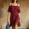 Women's Fashion Suede Off Shoulder Strap Loose Short Sleeve Dress with Fringe Hem Casual Summer Dress