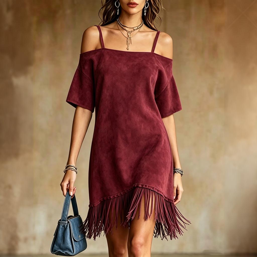 Women's Fashion Suede Off Shoulder Strap Loose Short Sleeve Dress with Fringe Hem Casual Summer Dress