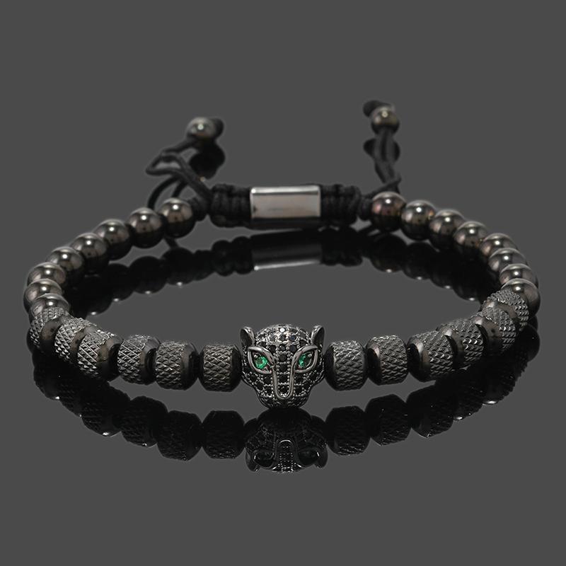 Bracciale da Uomo Lusso Testa di Leopardo Nero Reale Perline in Acciaio Inossidabile Gioielli Fatti a Mano Regalo per Ragazzo Grande