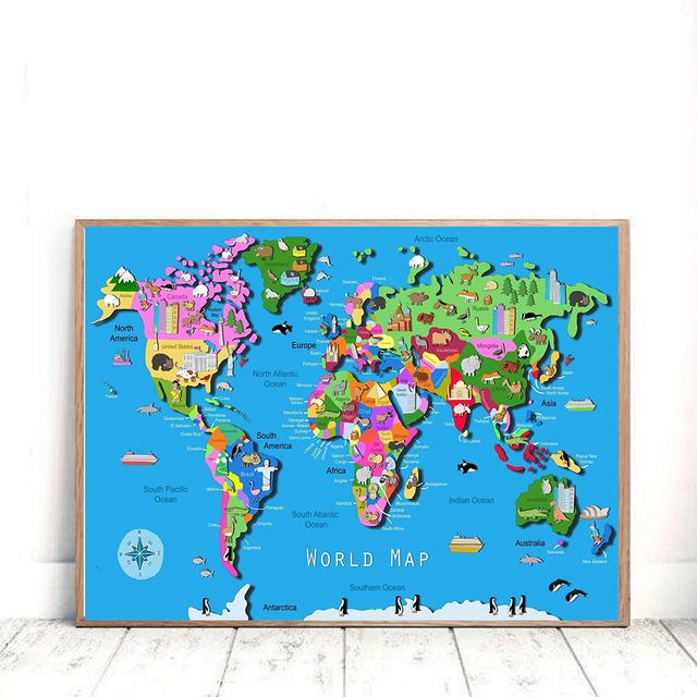 Mappa del mondo dei cartoni animati Pittura su tela Decorazioni per la camera dei bambini Poster e stampe Decorazioni per l'aula Immagini di arte della parete Decorazioni per la casa
