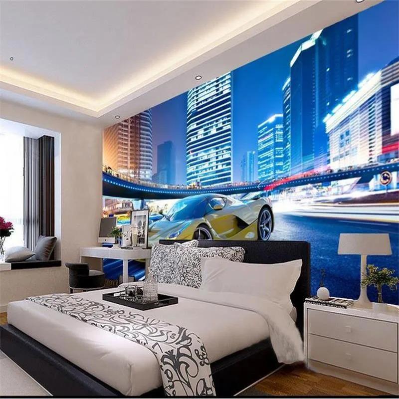 Yellow Car Wallpaper City Night Landscape 3d Wall Mural Modern Restaurant Clubs Bar Interior Wall Paper Decor