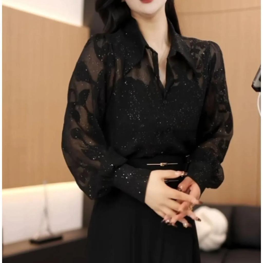 Women's Spring Slimming Elegant Sun Protection Shirt Long-Sleeve Sequined Black Blouse