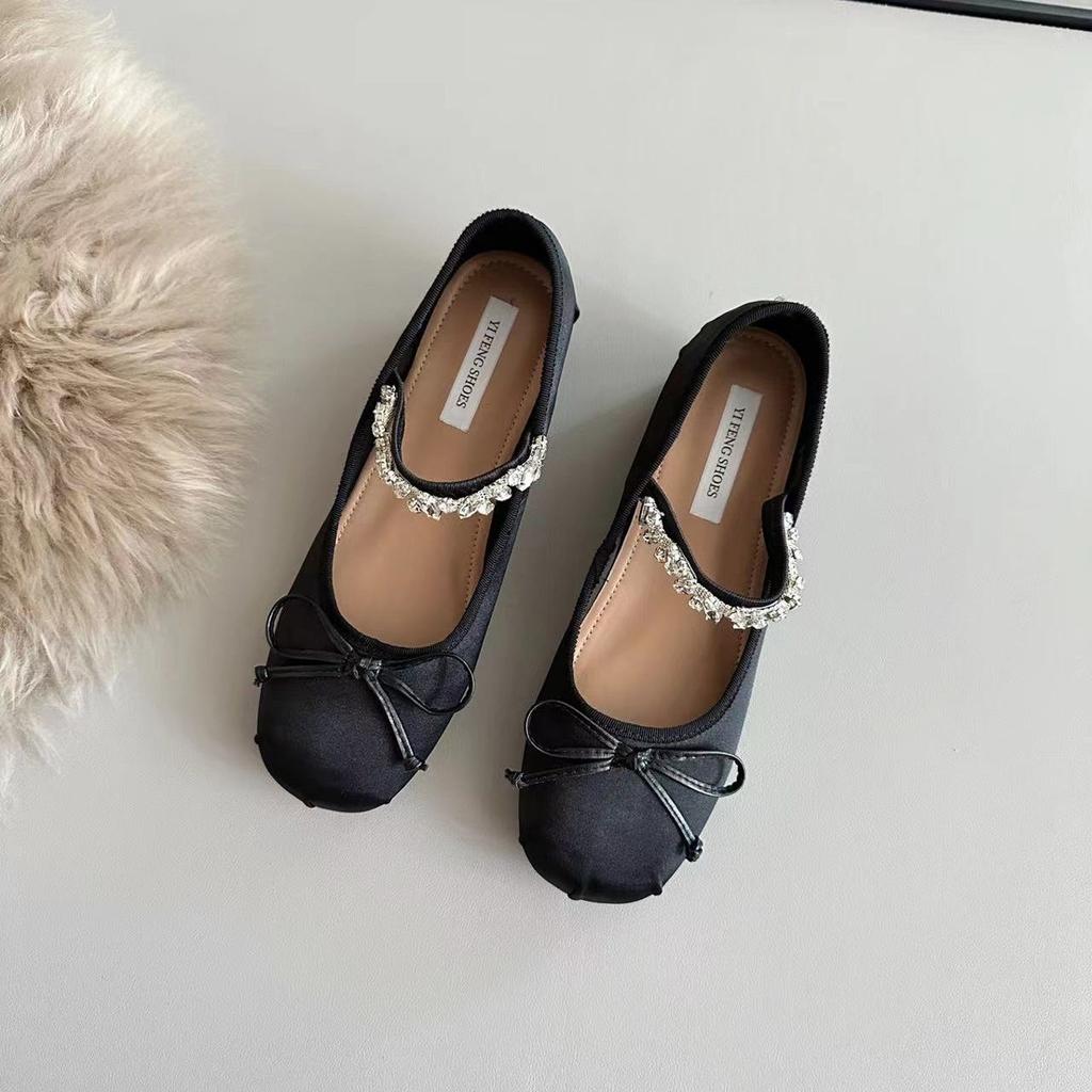 Sheepskin version~ Small inner height increase French rhinestone ballet shoes women's shallow mouth single shoes bow Mary Jane shoes