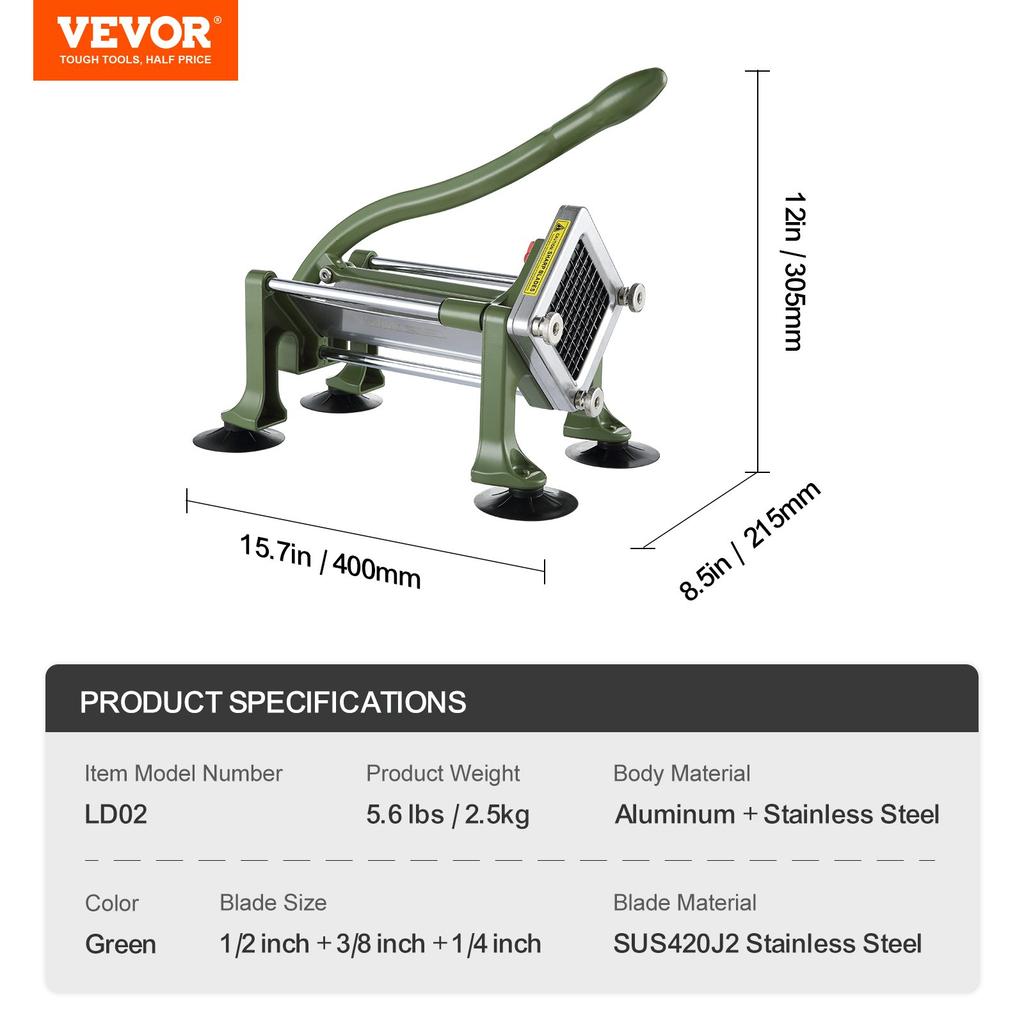 VEVOR French Fry Cutter, Potato Slicer with 1/2" 3/8" 1/4" Stainless Steel Blades, Manual Potato Cutter Chopper with Suction Cups