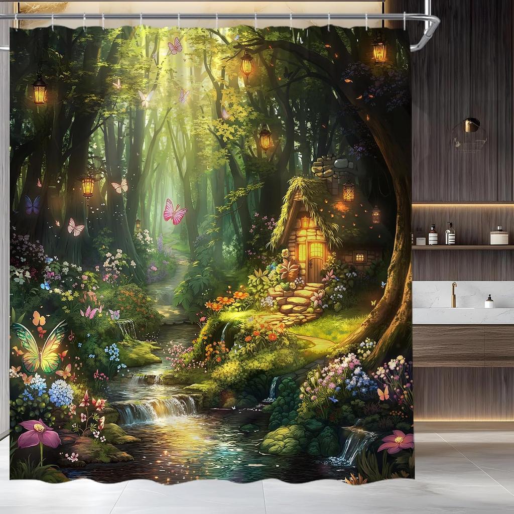 Fantasy Forest Shower Curtain Fairy Magical Enchanted Forest Waterfall Butterfly Garden Wonderland Nature Fabric Bathroom Decor