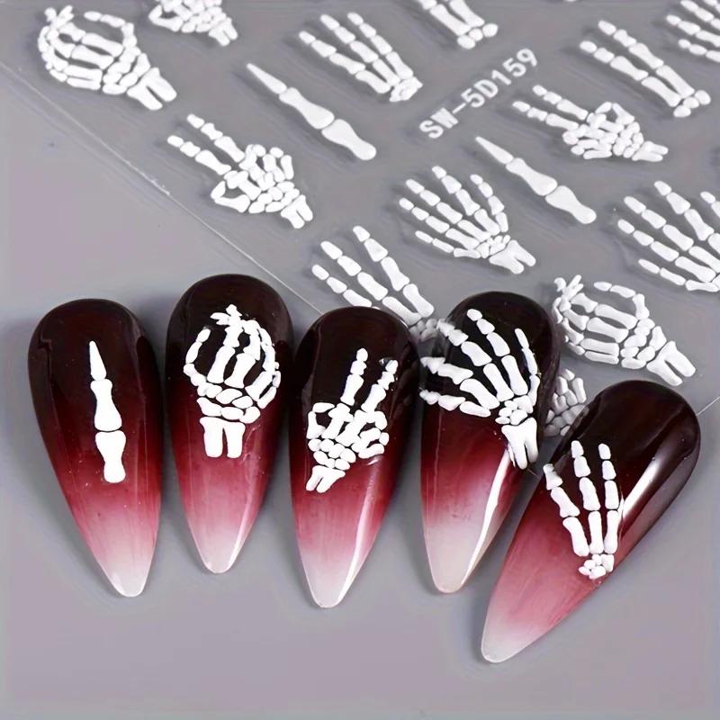 Halloween 5D Embossed Skull Hand Nail Art Stickers - Self-Adhesive, Sparkle Finish, DIY Manicure Decals for Festive Nail Designs