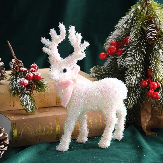 Christmas Reindeer Figurine Plastic White Elk Sculpture with Scarf Small Deer Statue Table Ornaments for Xmas Tabletop Mantel Shelf Decor