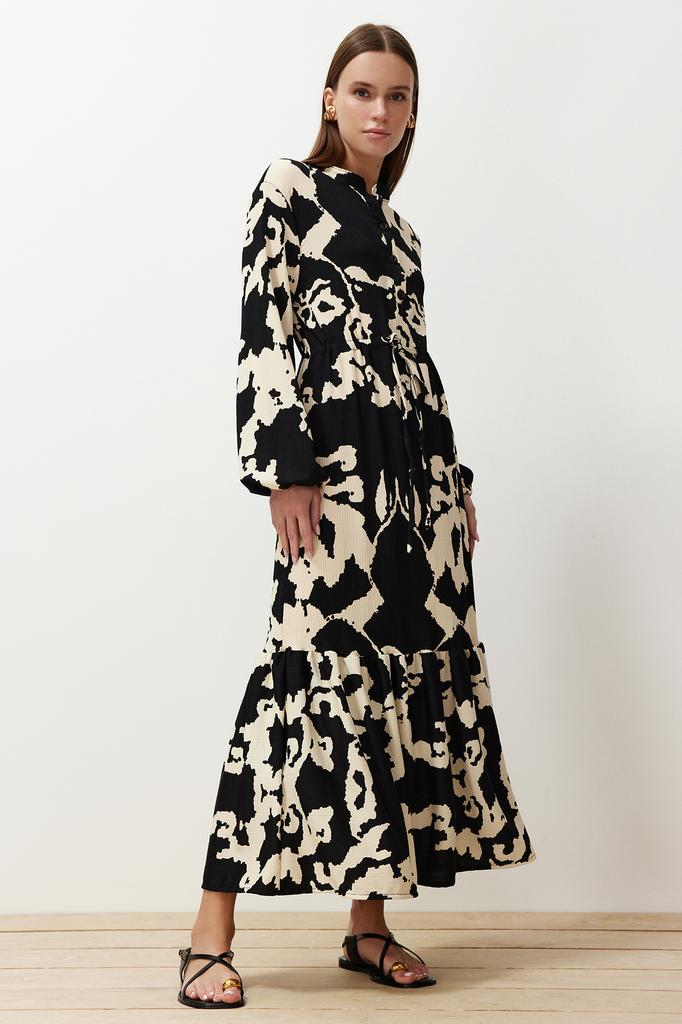 Women's Hijab Dress New Season Fashion Brown Big Flower Patterned Crinkle Woven Dress