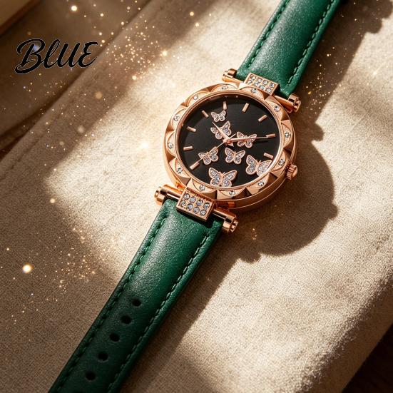 Ladies Watch Butterfly Artificial Leather Strap Quartz Rhinestone Casual Women