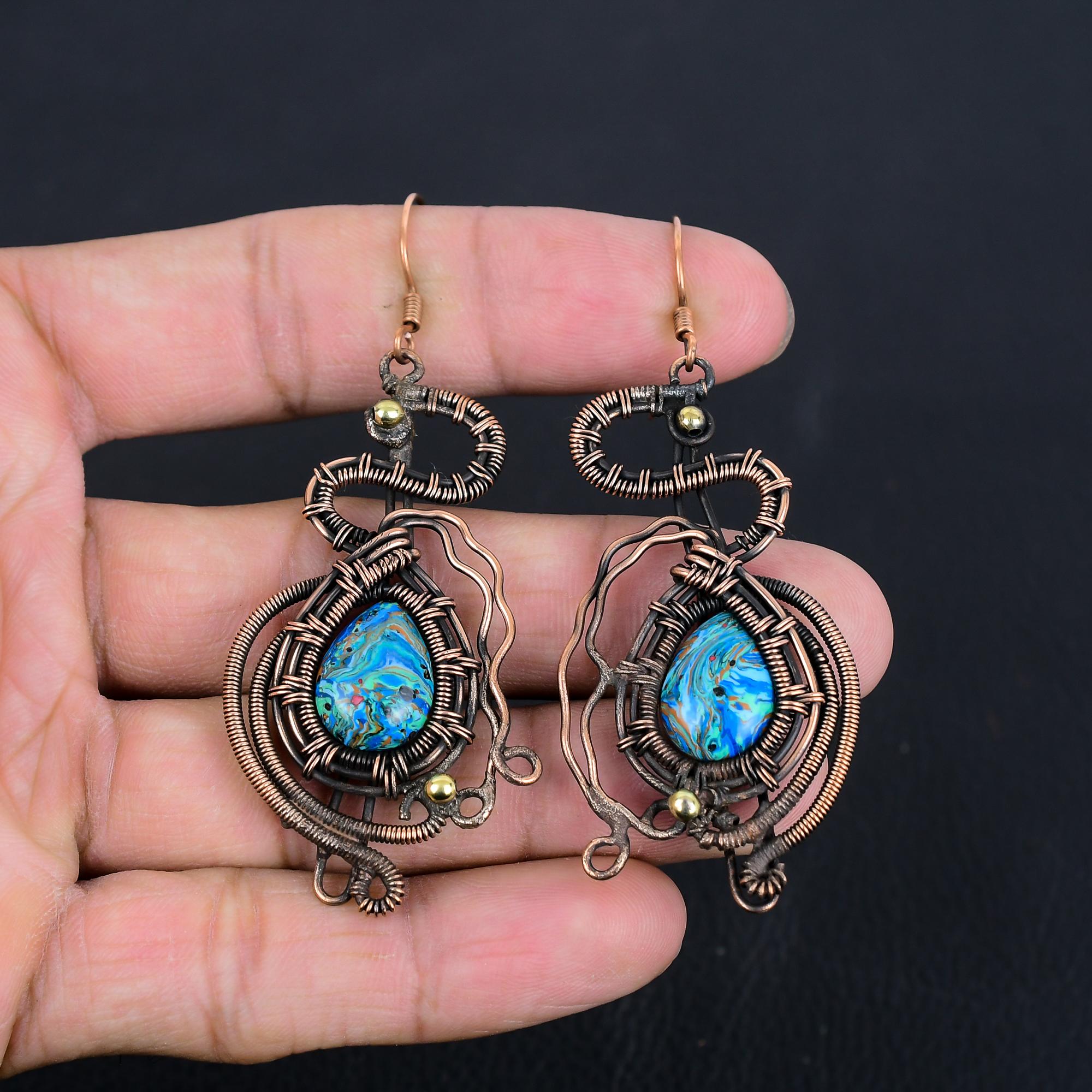 

Rainbow Calsilica Earrings, 999 Copper Wire Wrapped Earrings, Handmade Gemstone Jewelry Earrings For Memorial Day 3.07 Inches