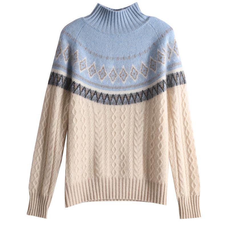 Women's Retro Thickened High Neck Cashmere Jacquard Pullover Sweater for Autumn/Winter