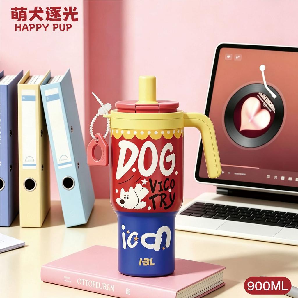 Water bottle Stainless steel thermos cup Male and female students handle straw cup Large capacity ice cup